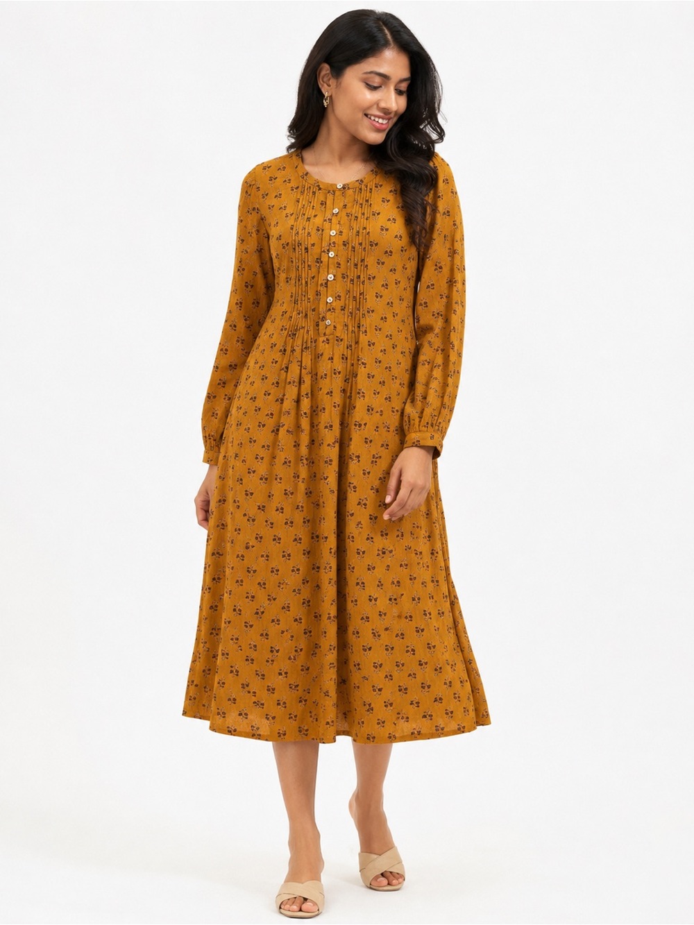 Garnet Hill Mustard Floral Dress Women’s Large 100% Ecovero Viscose Pintuck Midi